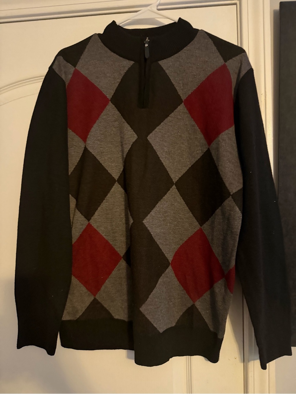 Men's Half-Zip Argyle Sweater - Black, Gray & Red